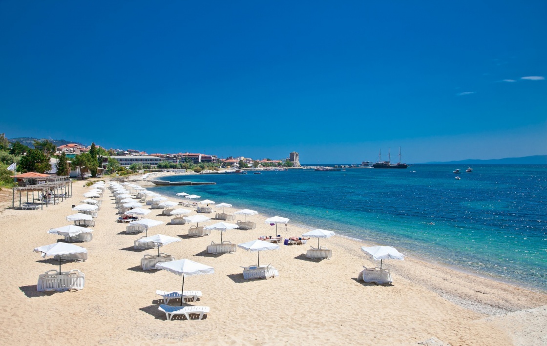 Beautiful Ouranoupolis sandy beach on Athos peninsula, Greece.